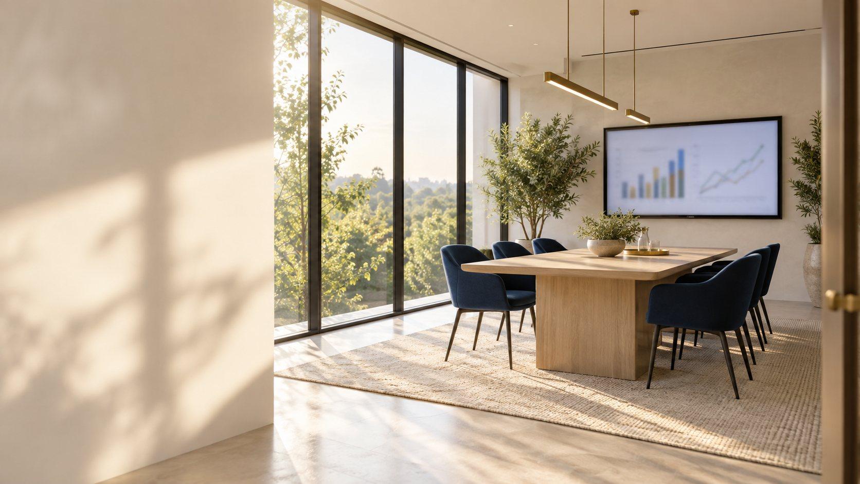 A bright conference room with navy chairs, an oak table, and charts on the wall screen