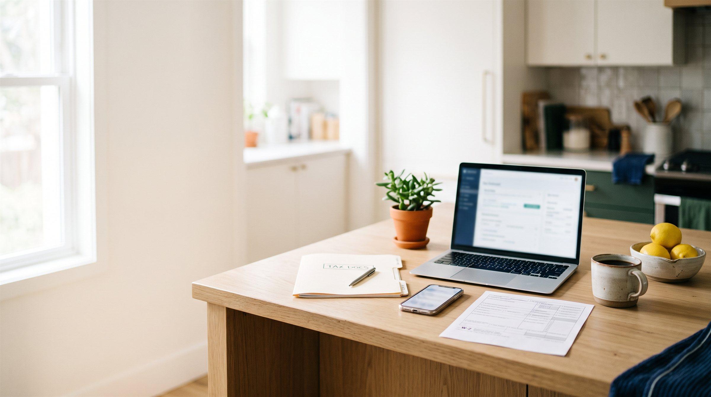 A laptop, phone, and W-2 on a sunny kitchen island, ready for tax season