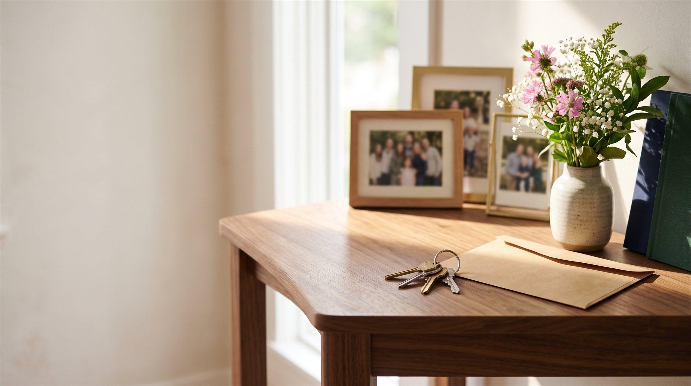 House keys and an envelope on an entry table beside family photos and fresh flowers