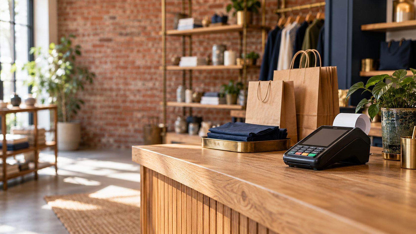 A card terminal and shopping bags on the checkout counter of a small boutique