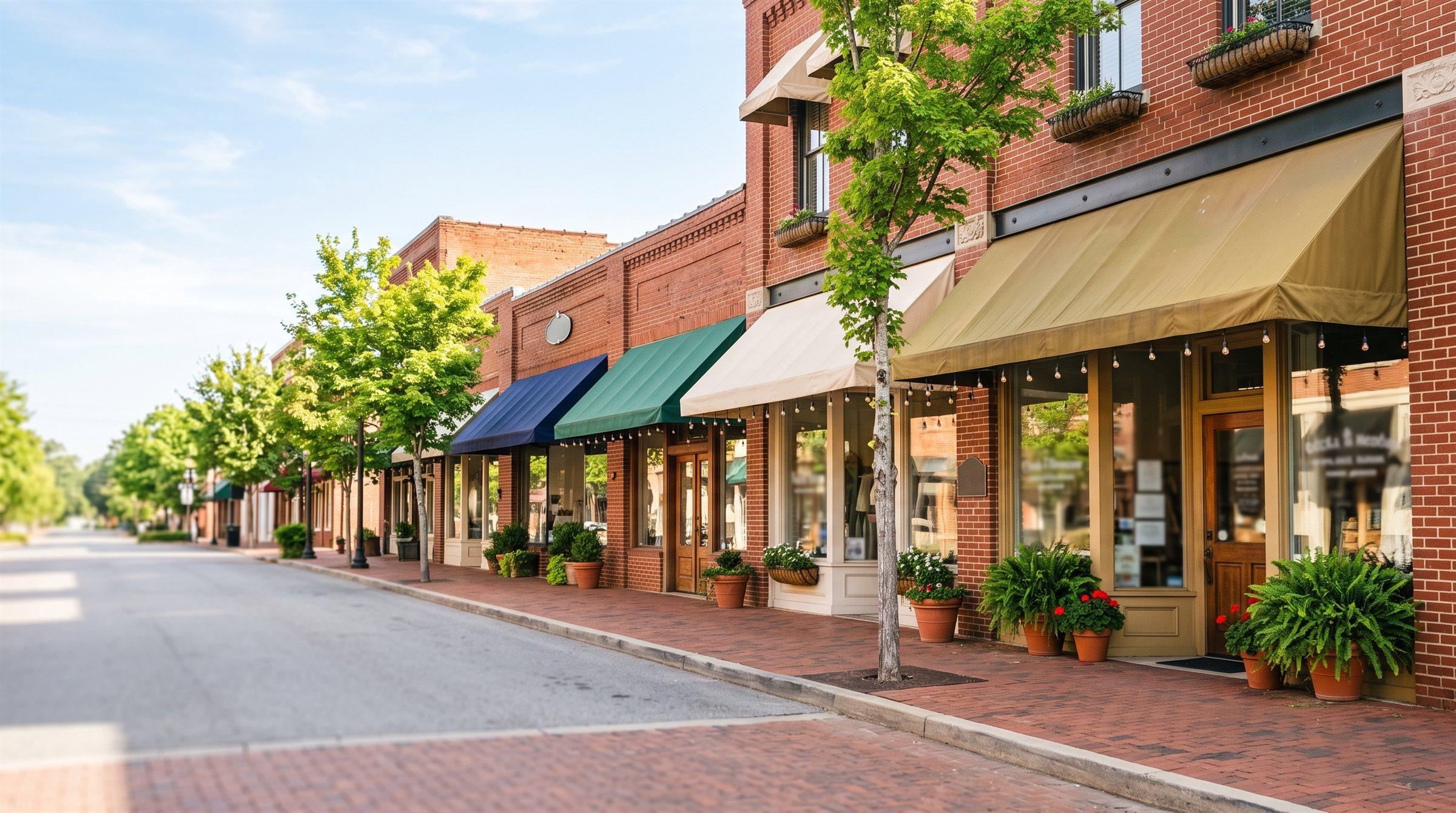 A row of independent shops with colorful awnings on a brick downtown street