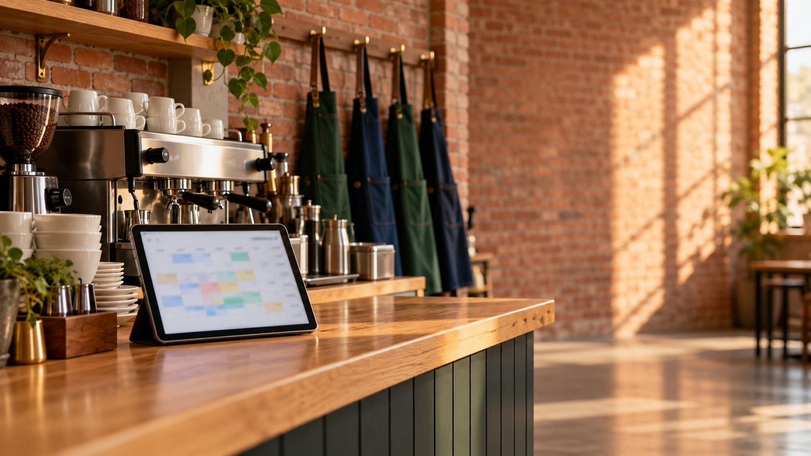 Staff aprons hanging behind the counter of a neighborhood coffee shop before opening