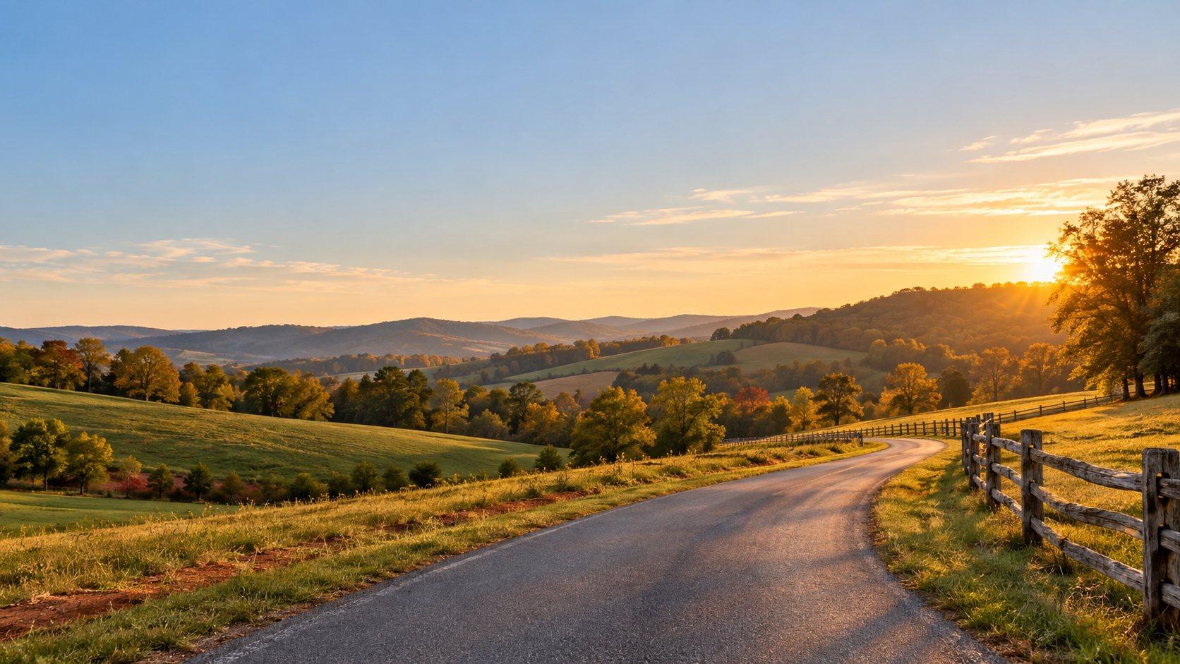 A country road curving through rolling hills at golden hour