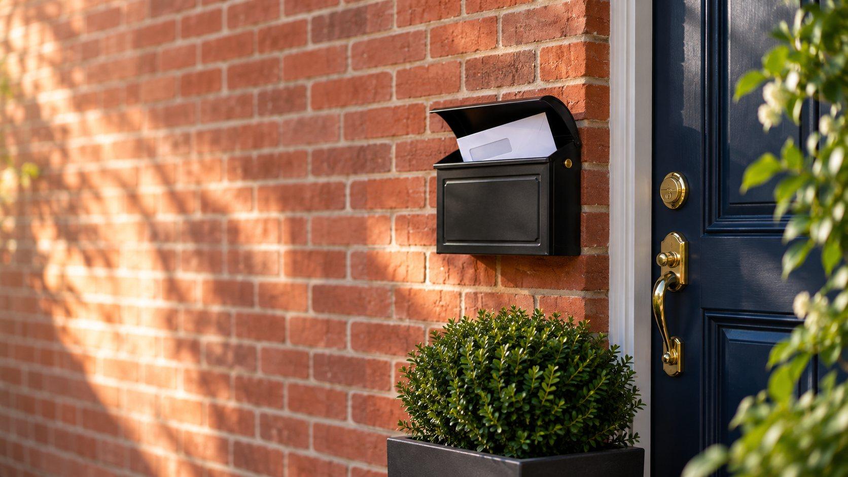 A letter waiting in a black mailbox beside the navy front door of a brick home